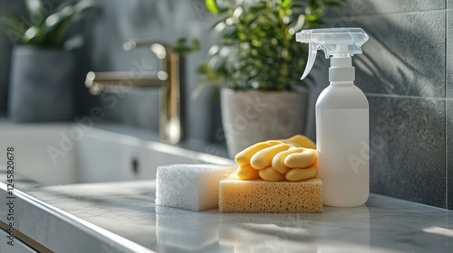 A close-up of cleaning gloves, a spray bottle, and sponges on a countertop, emphasizing essential tools for cleaners photo