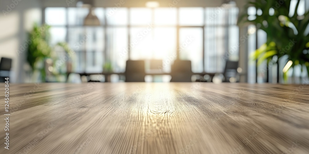 custom made wallpaper toronto digitalBright sunlit wooden tabletop in focus with a blurred modern office setting in the background showcasing plants and glass windows.