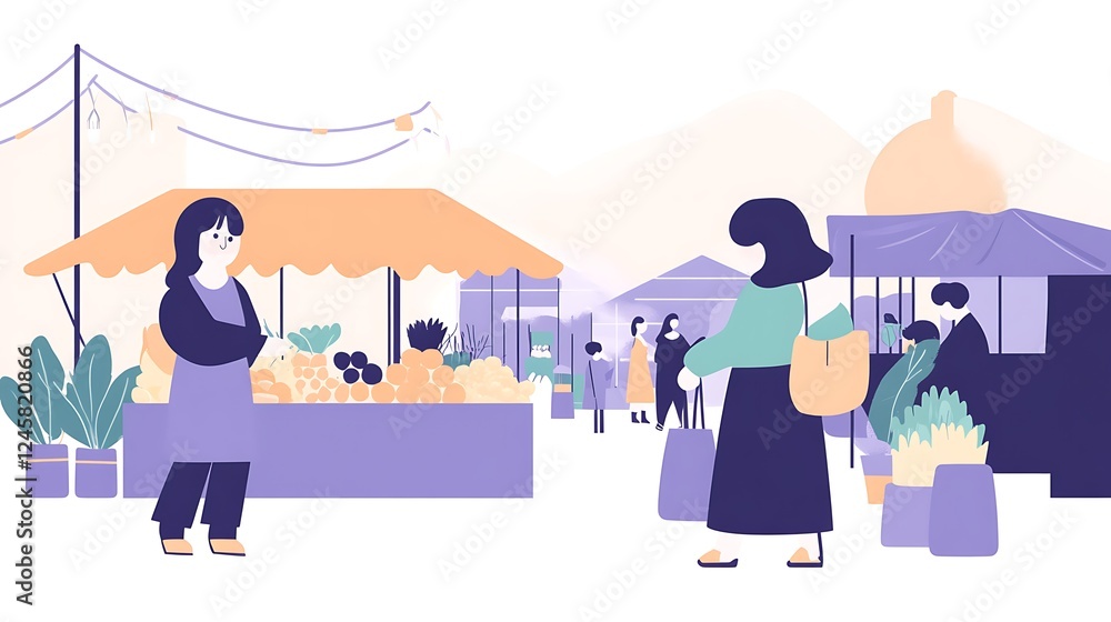 A vibrant farmers market scene with shoppers and vendors selling fresh produce. A vibrant farmers market scene with shoppers and vendors selling fresh produce.