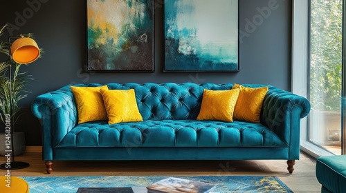 Loft home interior design of modern living room with dark turquoise tufted sofa and vibrant yellow pillows photo