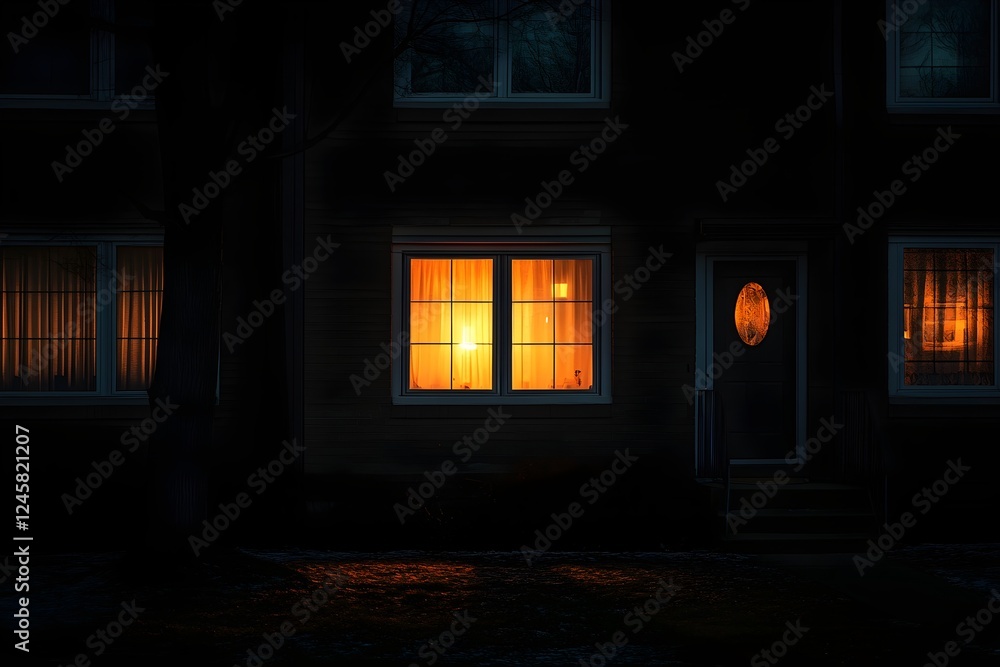 Illuminated Window in a Row of Dark Buildings: A Striking Contrast of Light and Shadow, Perfect for Urban, Night, Cityscape, Architecture, and Moody Illuminated Window in a Row of Dark Buildings: A Striking Contrast of Light and Shadow, Perfect for Urban, Night, Cityscape, Architecture, and Moody