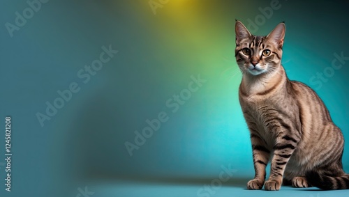 Professional photo of abyssinian cat with copy space in colorful background photo