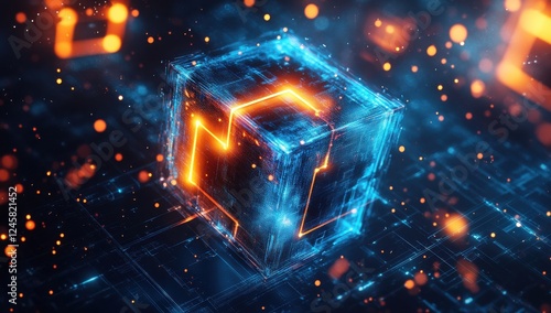Futuristic glowing cube in a digital space with vibrant neon lines and particles, representing technology, innovation, and modern design aesthetics.