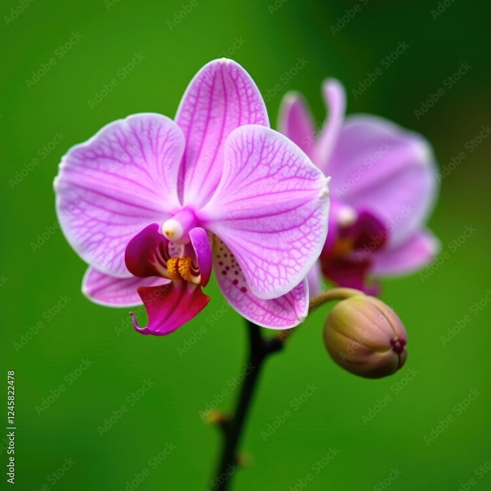 Obraz premium Delicate pink orchids with tiny white spots on petals, pink orchids, green, delicate