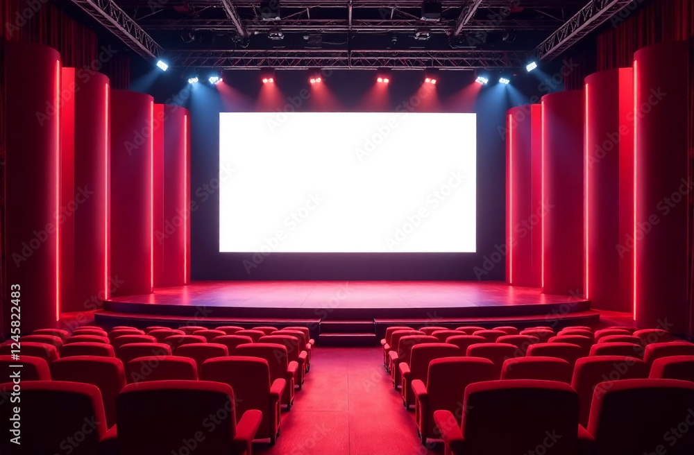 Fototapeta premium Cinema auditorium with red seats and blank white screen.