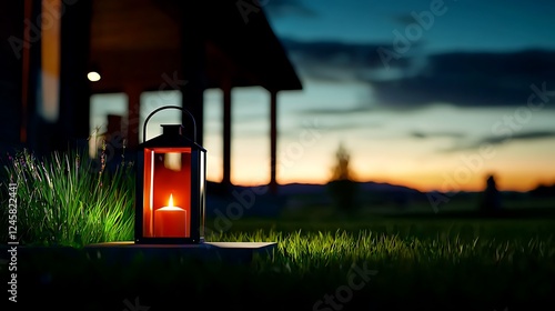 A serene evening scene featuring a glowing lantern on grass with a sunset backdrop and silhouette photo