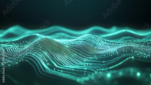 A smooth and abstract 2D design of futuristic circuitry, with luminous lines in shades of green and blue glowing softly over a clean dark surface.