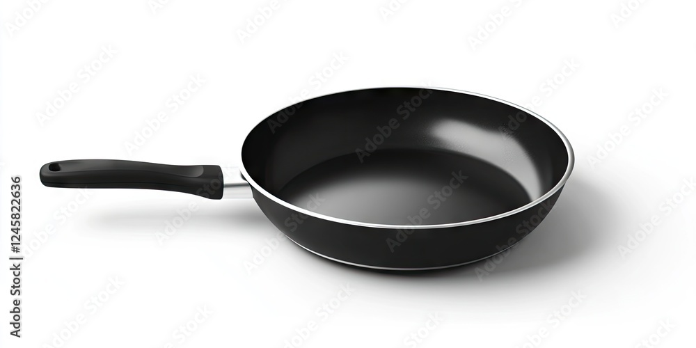 Non-stick black frying pan with a smooth interior, silver rim, and a black ergonomic handle positioned to the left on a white background. Non-stick black frying pan with a smooth interior, silver rim, and a black ergonomic handle positioned to the left on a white background.