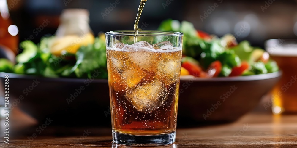 Crisp amber cider being poured over ice in a clear glass with a vibrant mixed salad bowl blurred in the background, evoking freshness and indulgence. Crisp amber cider being poured over ice in a clear glass with a vibrant mixed salad bowl blurred in the background, evoking freshness and indulgence.