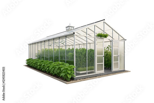 A glass-paneled greenhouse filled with vibrant plants and a paved perimeter, featuring a functional door and an organized, thriving interior, isolated on a transparent background