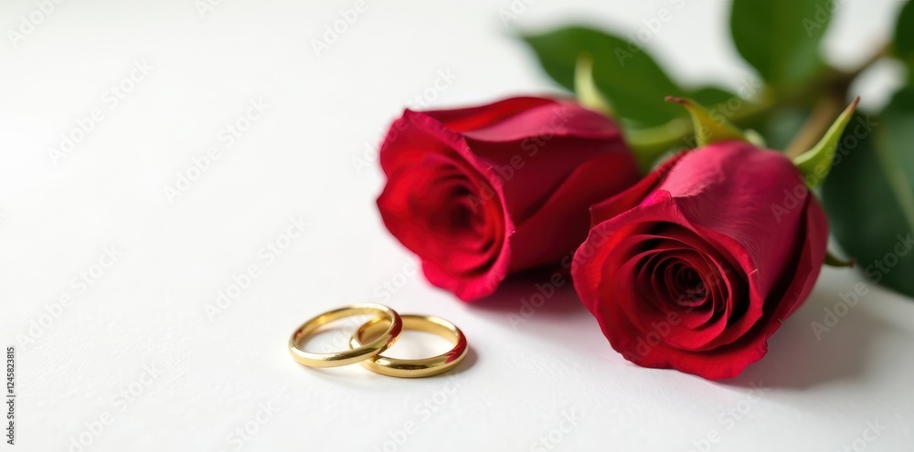 Three crimson roses and gold rings on white background, stock photo, gold, white Three crimson roses and gold rings on white background, stock photo, gold, white