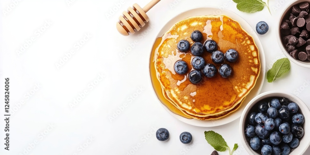 Delicious golden pancakes topped with fresh blueberries and chocolate chips beside a honey dipper on a clean white background with space for text Delicious golden pancakes topped with fresh blueberries and chocolate chips beside a honey dipper on a clean white background with space for text