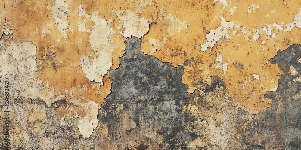 Weathered textures on a rustic wall display peeling layers in shades of orange, yellow, and gray, creating a vintage aesthetic ideal for backgrounds. Weathered textures on a rustic wall display peeling layers in shades of orange, yellow, and gray, creating a vintage aesthetic ideal for backgrounds.