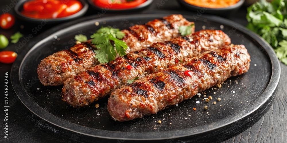 Grilled meat skewers garnished with fresh cilantro on a black stone plate surrounded by colorful sauces and cherry tomatoes in the background Grilled meat skewers garnished with fresh cilantro on a black stone plate surrounded by colorful sauces and cherry tomatoes in the background