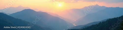 Mountain peaks shrouded in mist and sunlit fog, , landscape photo