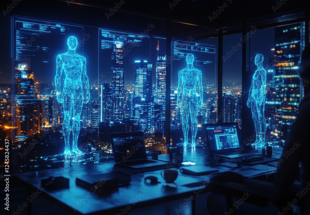 Obraz premium Futuristic office scene with holographic human figures showcasing technology in a city skyline at night with glowing screens and modern workspace ambiance