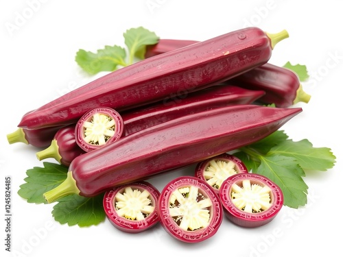 Fresh okra and green roselle fruits arranged neatly on a clean white background, cooking, roselle, isolated photo