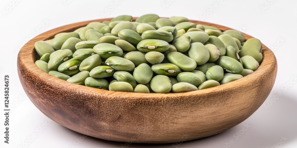 Green broad beans in a wooden bowl on a white background, highlighting the vibrant green tones and smooth textures of the legumes.