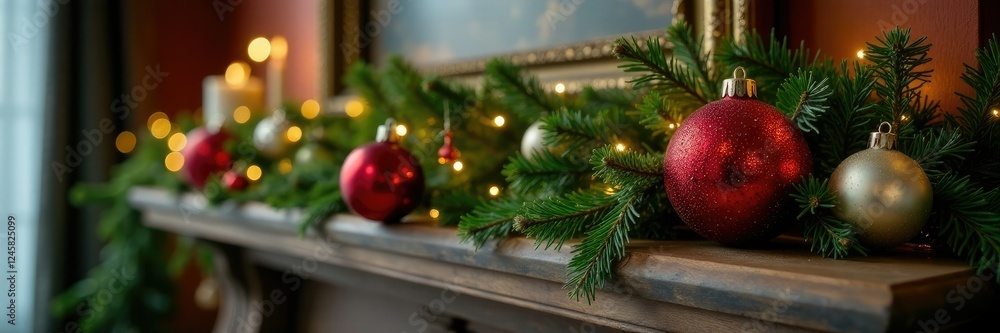 Ornaments and evergreen branches decorating a wooden mantelpiece, , Evergreen branches Ornaments and evergreen branches decorating a wooden mantelpiece, , Evergreen branches