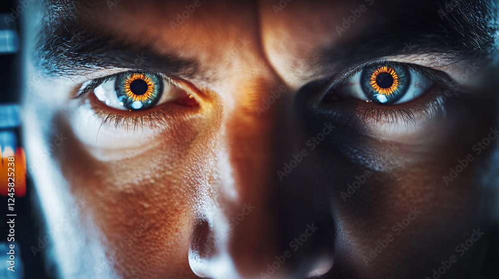 custom made wallpaper toronto digitalcloseup of intense eyes with glowing orange reflections focused expression futuristic digital lighting
