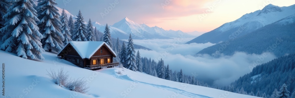 Snow-covered trees and a cabin in a misty valley, valley, winter Snow-covered trees and a cabin in a misty valley, valley, winter