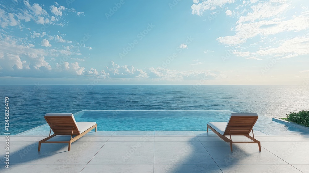 Serene Ocean View with Lounge Chairs and Pool in Luxury Beach Villa Serene Ocean View with Lounge Chairs and Pool in Luxury Beach Villa