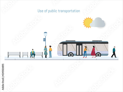 Illustration of people using public transportation in a city, promoting sustainable mobility and pollution reduction.