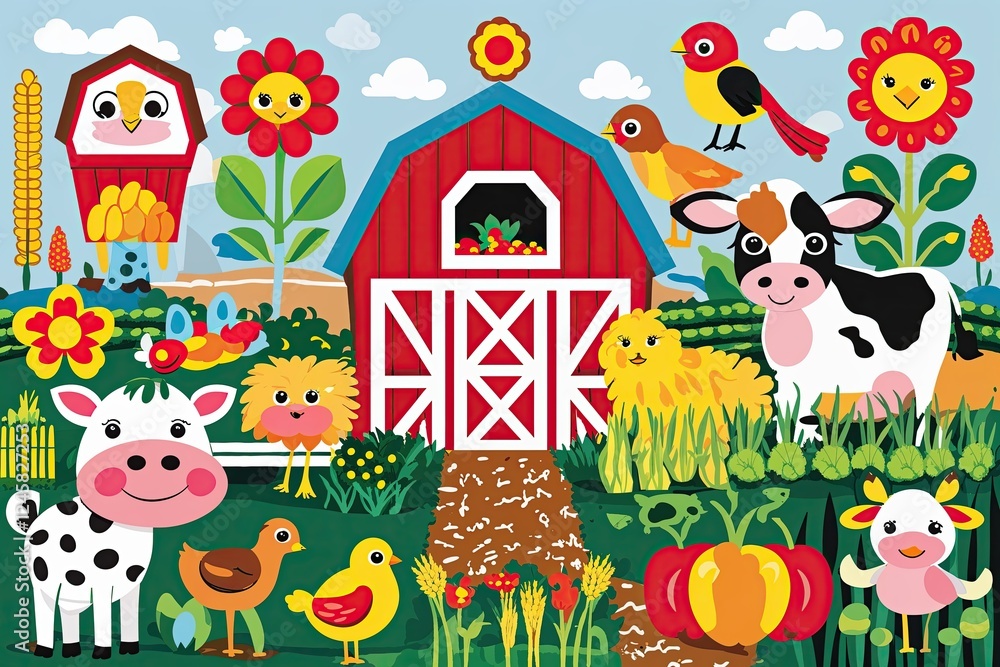 Fototapeta premium Playful Farm-Themed Sticker Collection with Vibrant Animals and Crops for Arts and Crafts