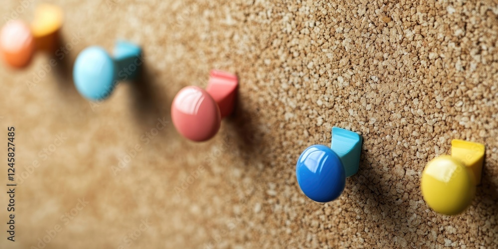 Colorful push pins arranged in a line on a textured cork board surface, featuring pastel shades of blue, pink, yellow, and orange with soft shadows. Colorful push pins arranged in a line on a textured cork board surface, featuring pastel shades of blue, pink, yellow, and orange with soft shadows.