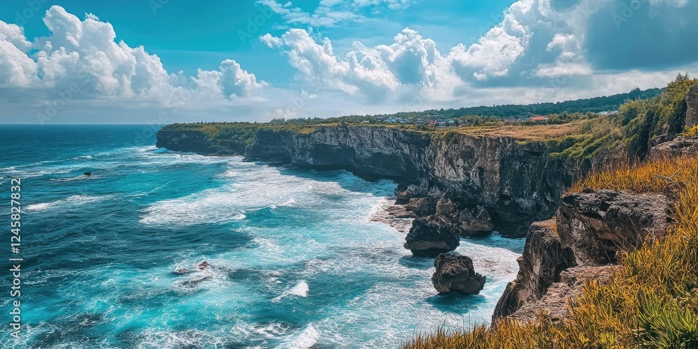 Fototapeta premium Breathtaking coastal vista featuring rocky cliffs and turquoise waves under a clear blue sky with fluffy white clouds in the background.