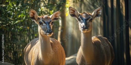 Two female nilgai Boselaphus tragocamelus standing side by side in soft morning light surrounded by blurred greenery and a rustic backdrop. photo