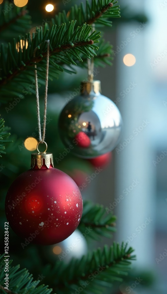 Fototapeta premium Twinkling silver blue gold ornaments hang from a lush green garland, red, silver