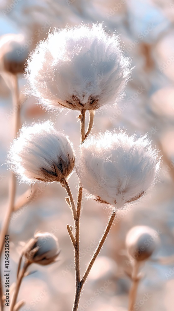 Fluffy cotton plants backlit, field, nature, soft focus, textile Fluffy cotton plants backlit, field, nature, soft focus, textile