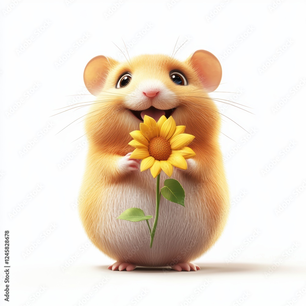 Happy golden hamster with tiny paws holding a sunflower seed, isolated on white background Happy golden hamster with tiny paws holding a sunflower seed, isolated on white background