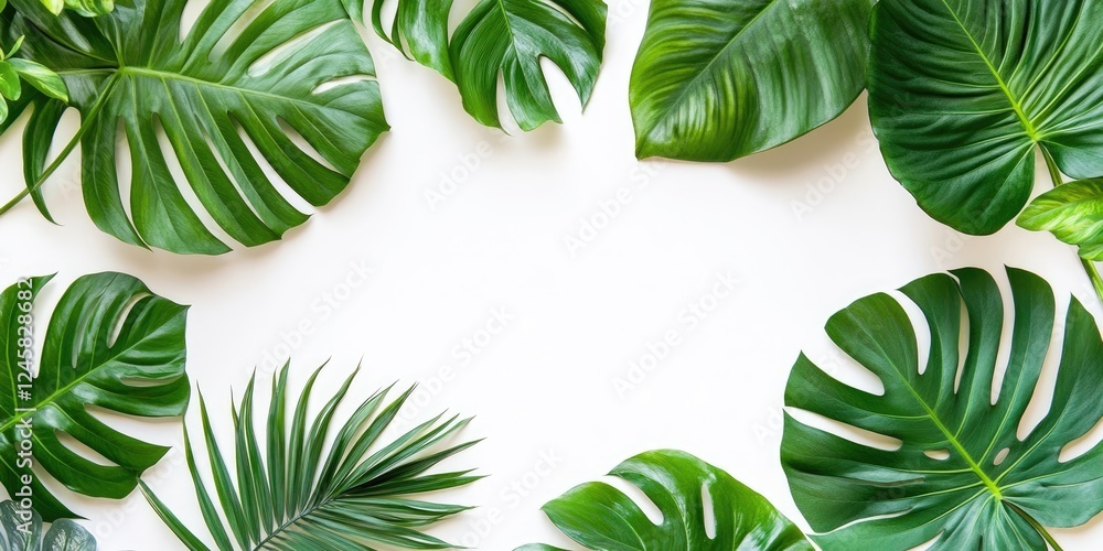Tropical green leaves arranged in an organic circle on a bright white background with ample copy space creating a refreshing summer vibe flat lay Tropical green leaves arranged in an organic circle on a bright white background with ample copy space creating a refreshing summer vibe flat lay