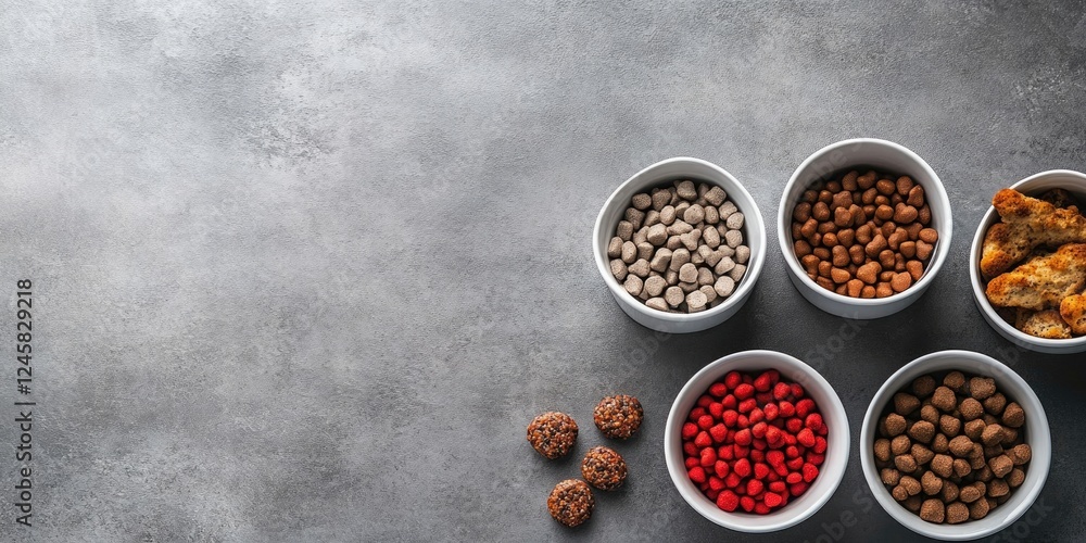 Pet food variety displayed in white bowls on a textured grey table with ample negative space for text on the left side of the composition Pet food variety displayed in white bowls on a textured grey table with ample negative space for text on the left side of the composition
