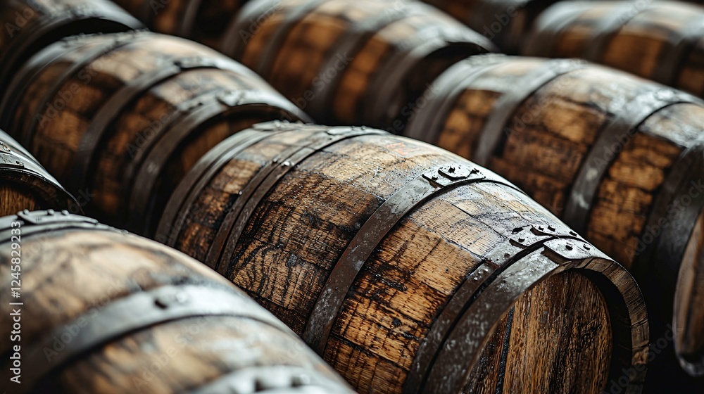 Rows of meticulously arranged oak barrels in wine aging cellars, illuminated by warm light, showcase the craftsmanship and tradition of winemaking. Rows of meticulously arranged oak barrels in wine aging cellars, illuminated by warm light, showcase the craftsmanship and tradition of winemaking.