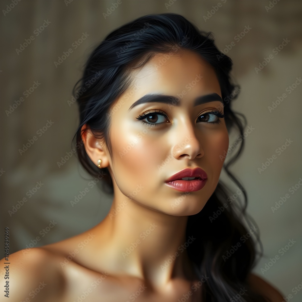 Retrato de mujer con mirada serena y fondo cálido Retrato de mujer con mirada serena y fondo cálido
