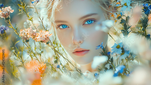 Woman dressed iin white with blue eyes. walking through a field of flowers. Dynamics. Cinematic, realistic, detailed. Vogue style. Bright, saturated colors. photo