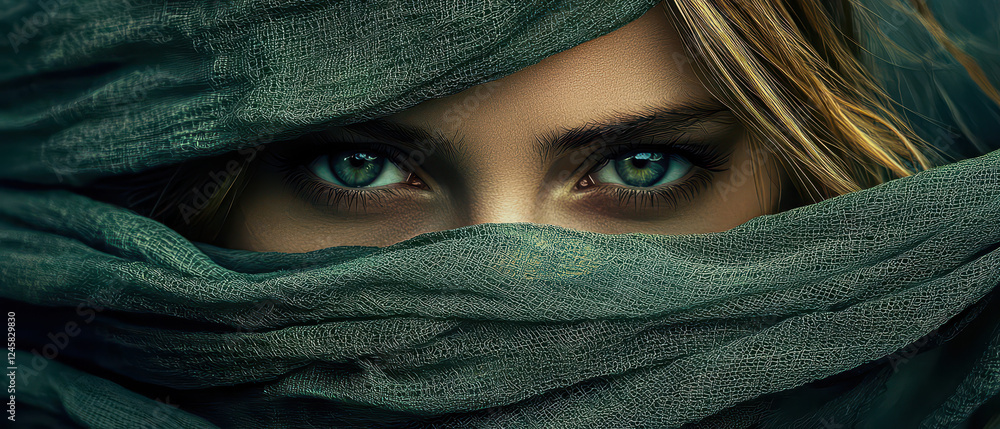 A close-up of a mysterious woman with captivating green eyes, partially hidden by a flowing green scarf. A close-up of a mysterious woman with captivating green eyes, partially hidden by a flowing green scarf.