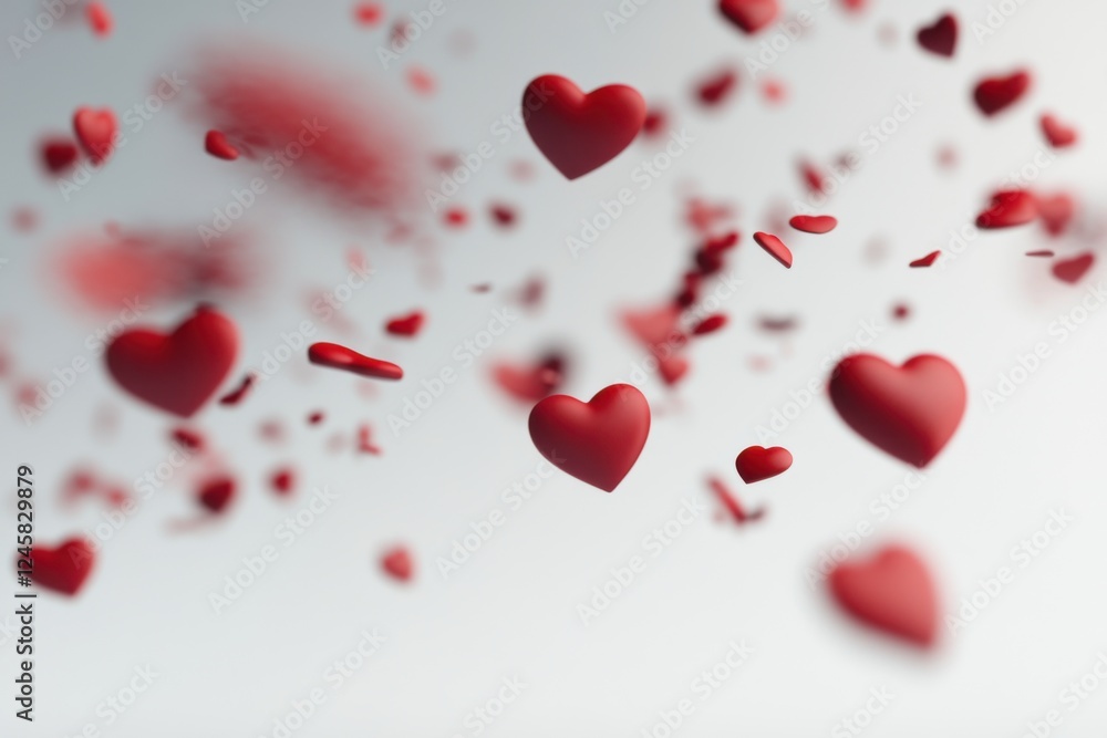 Colorful red hearts floating against a soft white background create a romantic atmosphere Colorful red hearts floating against a soft white background create a romantic atmosphere