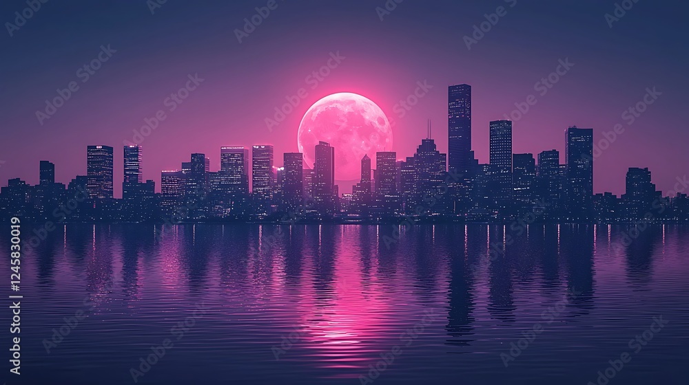 Fototapeta premium Pink Moonrise Over City Skyline Reflection