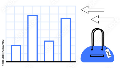 Bar chart showing different values alongside shopping bag with price tag and two arrows. Ideal for sales analysis, e-commerce, business growth, retail trends, market research, profitability