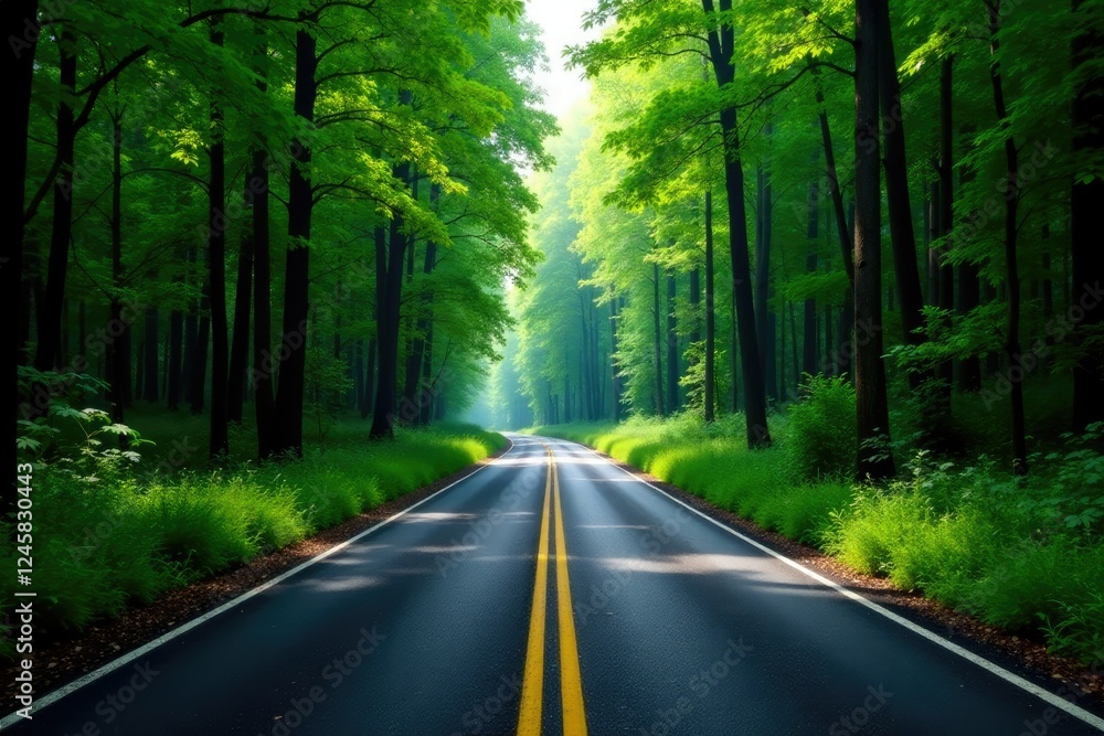 Fototapeta premium asphalt square road winding through dense forest, wilderness, tree, woods