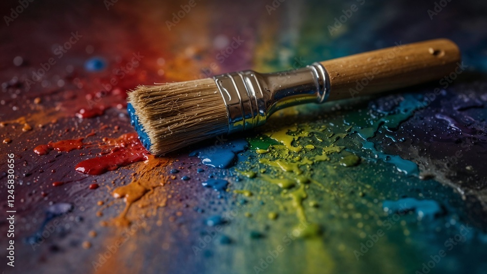 Brush covered in paint resting on a vibrant splash of colors, symbolizing artistic creativity Brush covered in paint resting on a vibrant splash of colors, symbolizing artistic creativity
