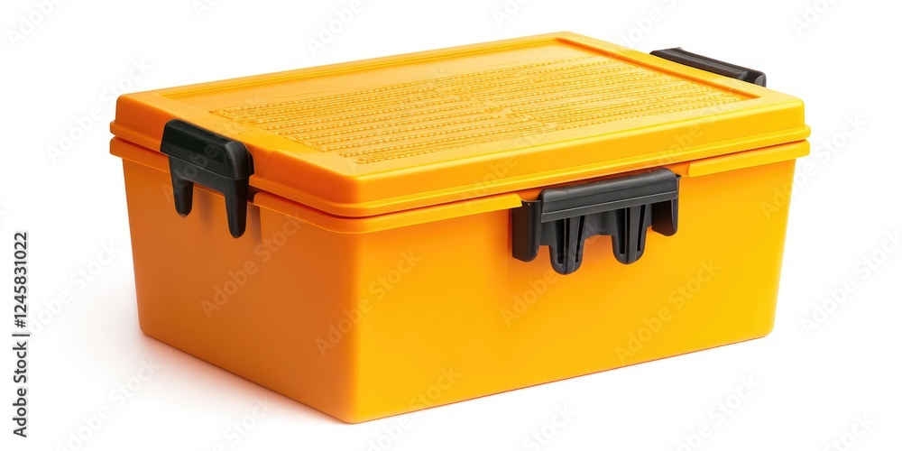 Bright orange storage box with a textured lid and black clasps positioned on a clean white background, highlighting its functional design and color. Bright orange storage box with a textured lid and black clasps positioned on a clean white background, highlighting its functional design and color.