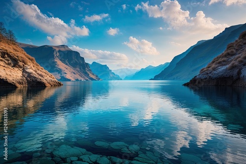 Breathtaking Tranquil Waterscape with Mocha Highlights and Vivid Blue-Hued Vistas photo