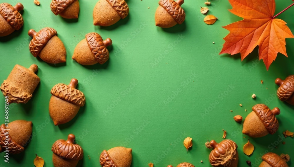 Delicate acorn-shaped gingerbread cookies on a green background, nature inspired, sweet treats, autumn flatlay Delicate acorn-shaped gingerbread cookies on a green background, nature inspired, sweet treats, autumn flatlay