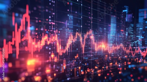 A futuristic scene with a holographic tape of stock prices winding through a city silhouette  with bright  chaotic light representing the fast-paced stock market.