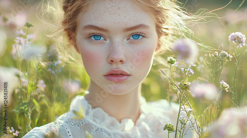 Woman dressed iin white with blue eyes. walking through a field of flowers. Dynamics. Cinematic, realistic, detailed. Vogue style. Bright, saturated colors. photo